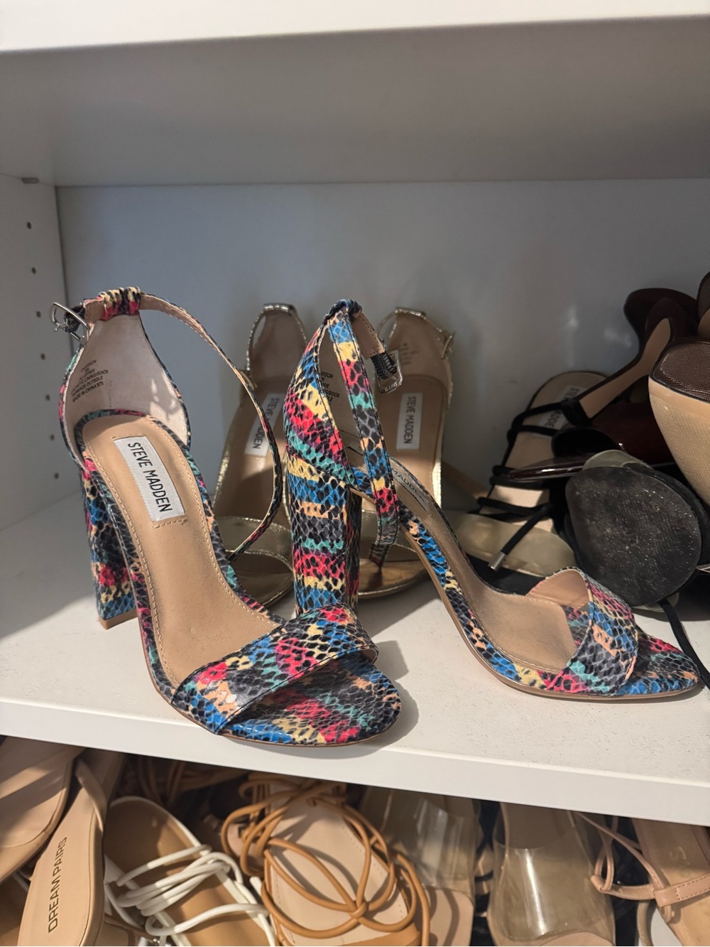Steve Madden Multicolor Snakeskin Block Heel Sandals - Blue, Pink, Yellow, Black